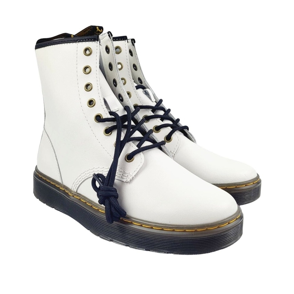 Dr. Martens White Leather Lace-Up Combat Boots with Black Soles